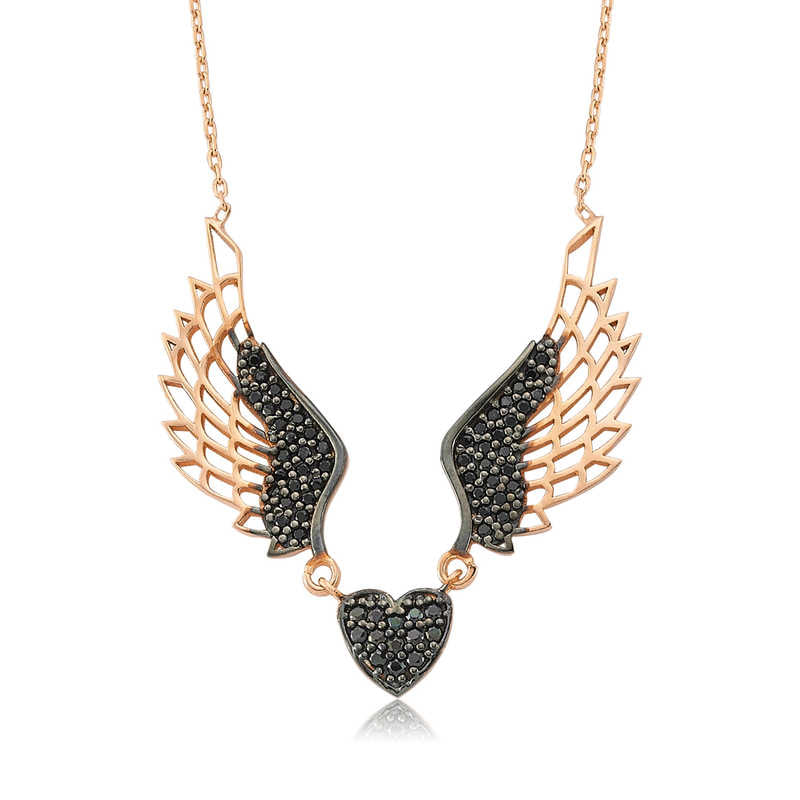 Silver Black Winged Angel Heart Women's Necklace