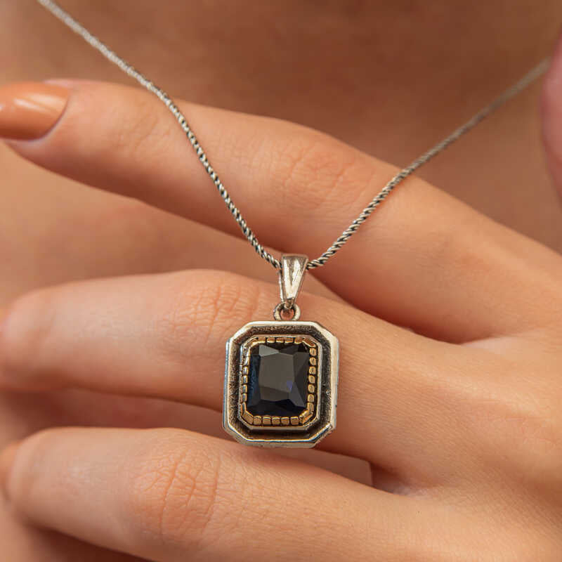 Silver Navy Blue Stone Rectangle Women's Necklace