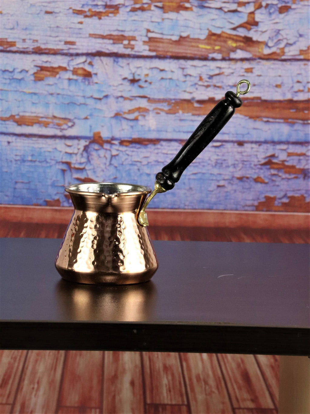 Antep Hammered Thick Copper Turkish Coffee Pot (Cezve) — 225ml | 1mm, Round Body, Wooden Handle
