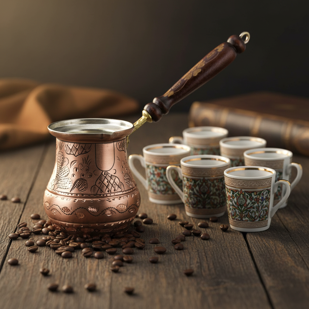 Erzincan Hand-Engraved Floral Copper Cezve — 7-8 Cup / 500ml | 0.8mm, Tarnish-Free, Wooden Handle