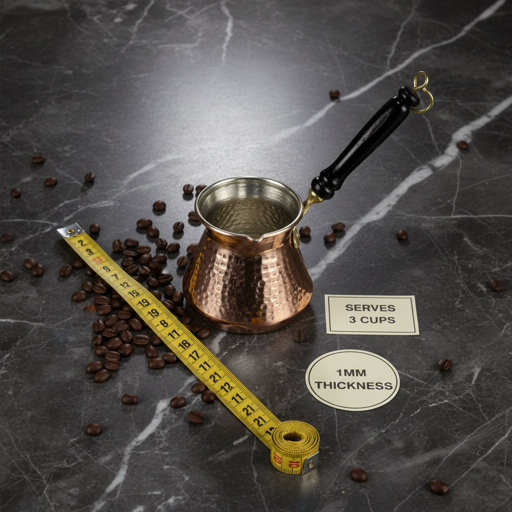 Antep Hammered Thick Copper Turkish Coffee Pot (Cezve) — 225ml | 1mm, Round Body, Wooden Handle