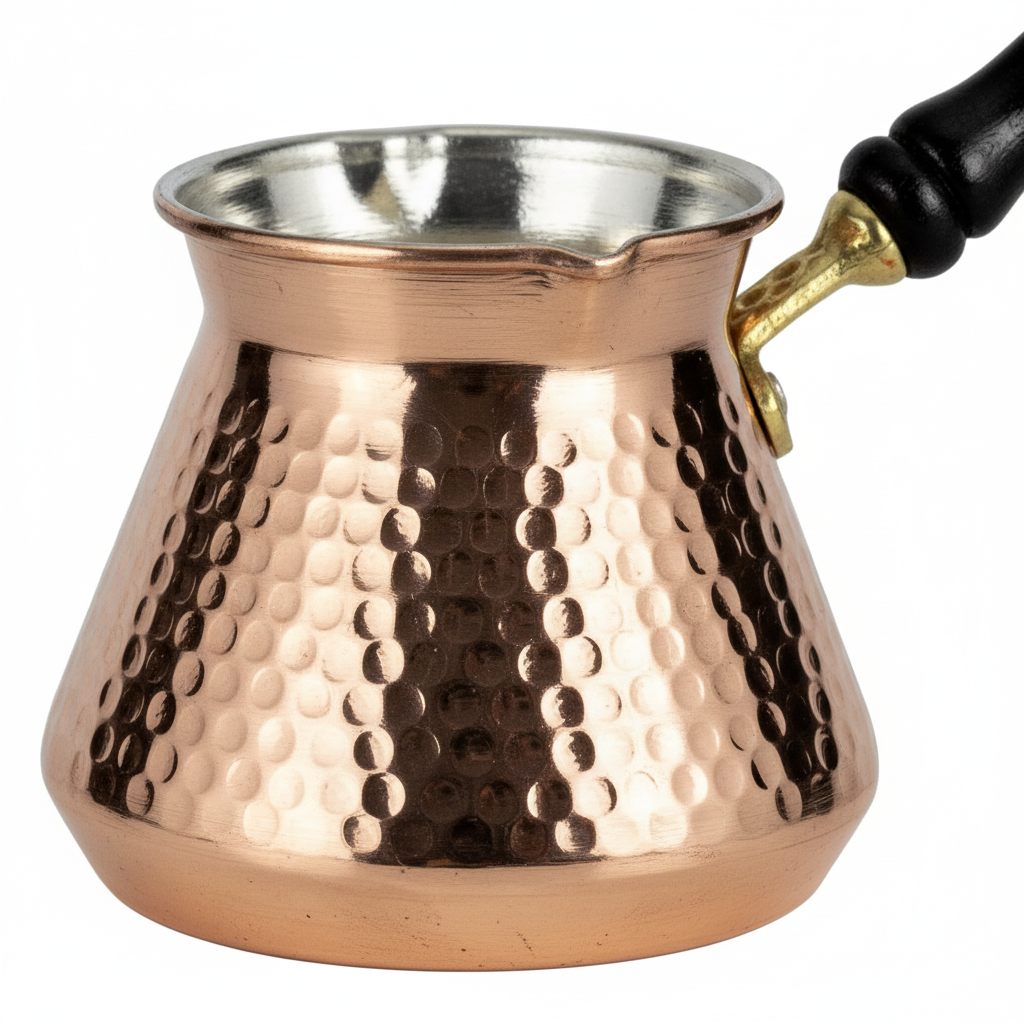 Antep Hammered Thick Copper Turkish Coffee Pot (Cezve) — 300ml | 1mm, Round Body, Wooden Handle