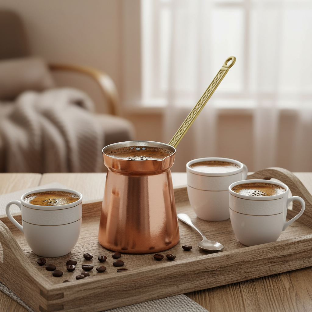 Moda Smooth Copper Turkish Coffee Pot (Cezve) — 350ml | Straight-Sided, 1mm Thick, Brass Handle