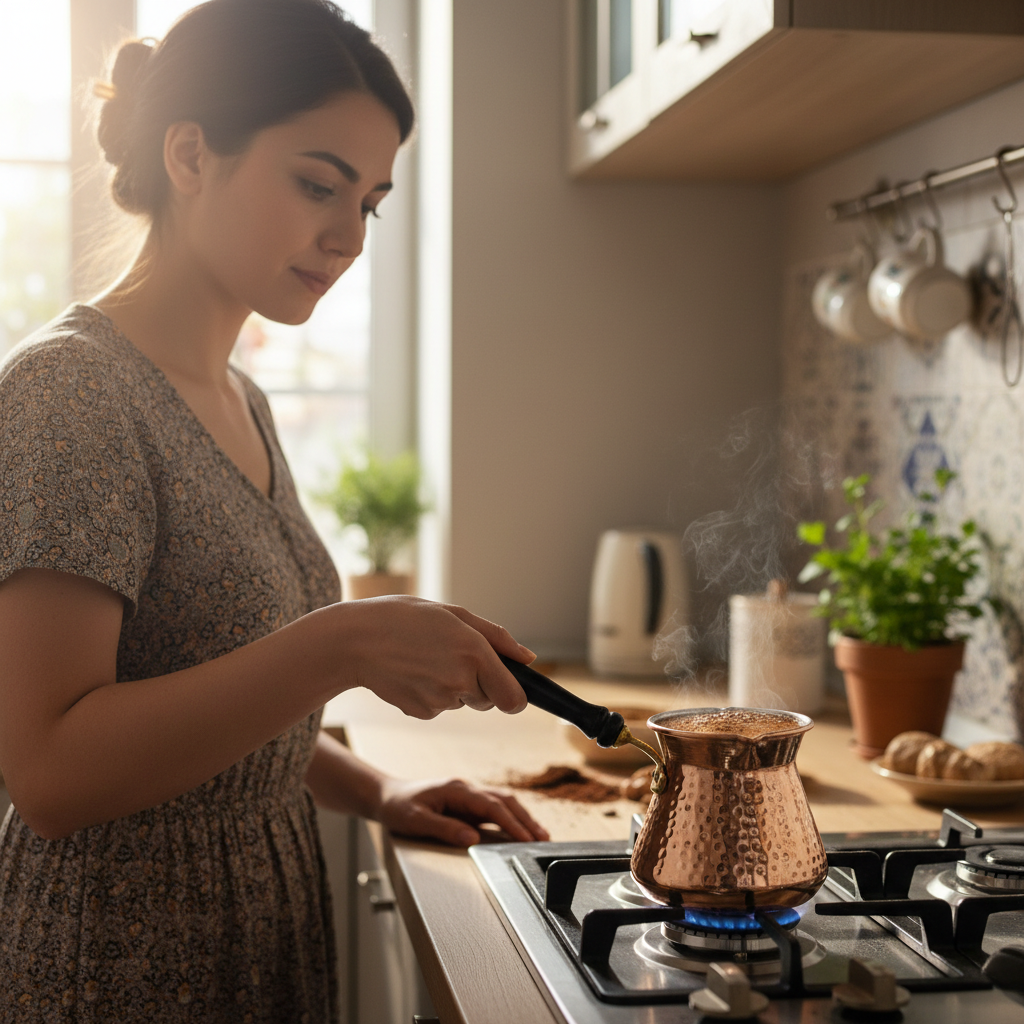 Antep Hammered Thick Copper Turkish Coffee Pot (Cezve) — 225ml | 1mm, Round Body, Wooden Handle