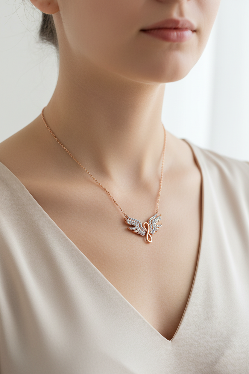 Silver Rose Angel Wing Infinity Women's Necklace on model