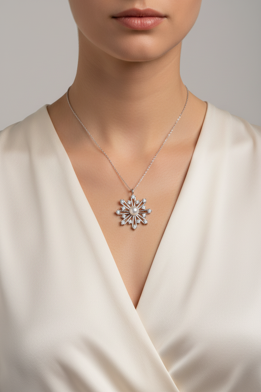 Silver Pearl Snowflake Necklace - Model
