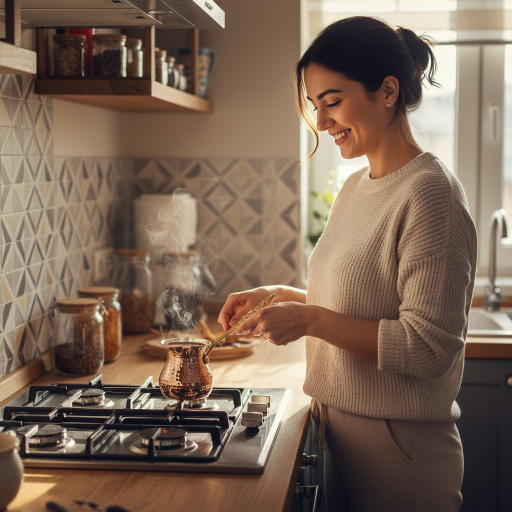 Woman using Eylül copper cezve in kitchen