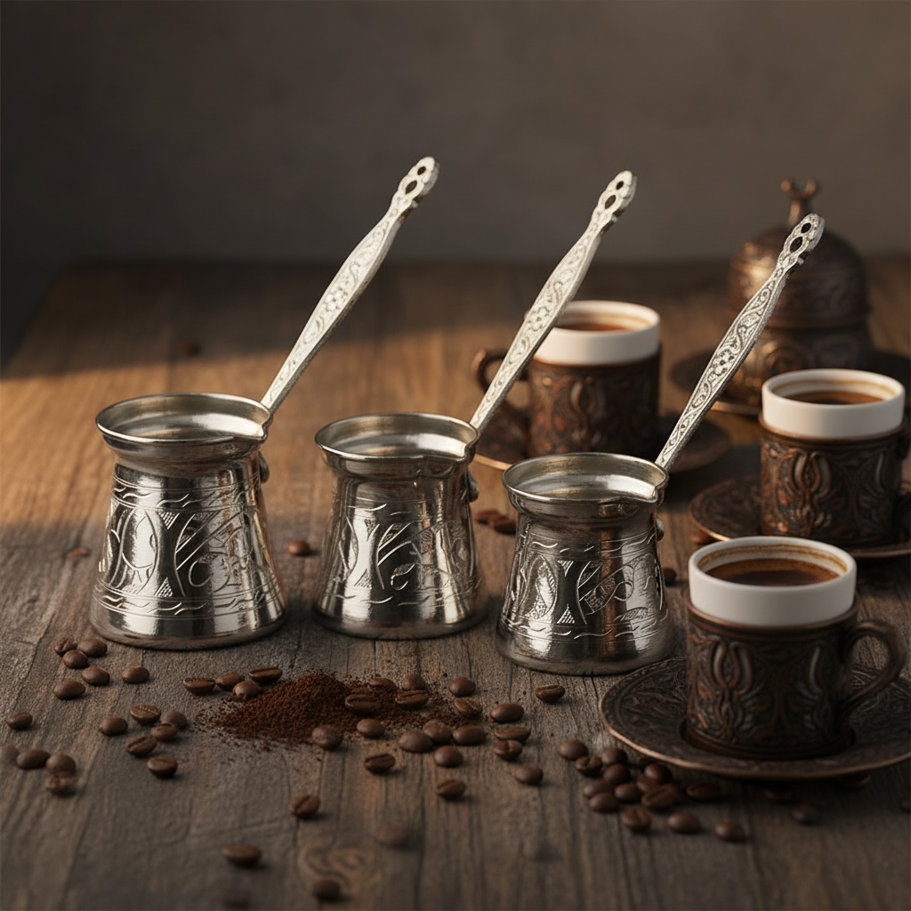 Antep keski nickel-plated copper cezve set lifestyle with cups