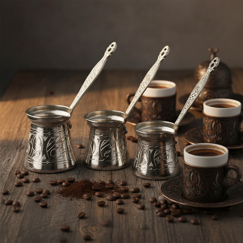 Antep keski nickel-plated copper cezve set lifestyle with cups