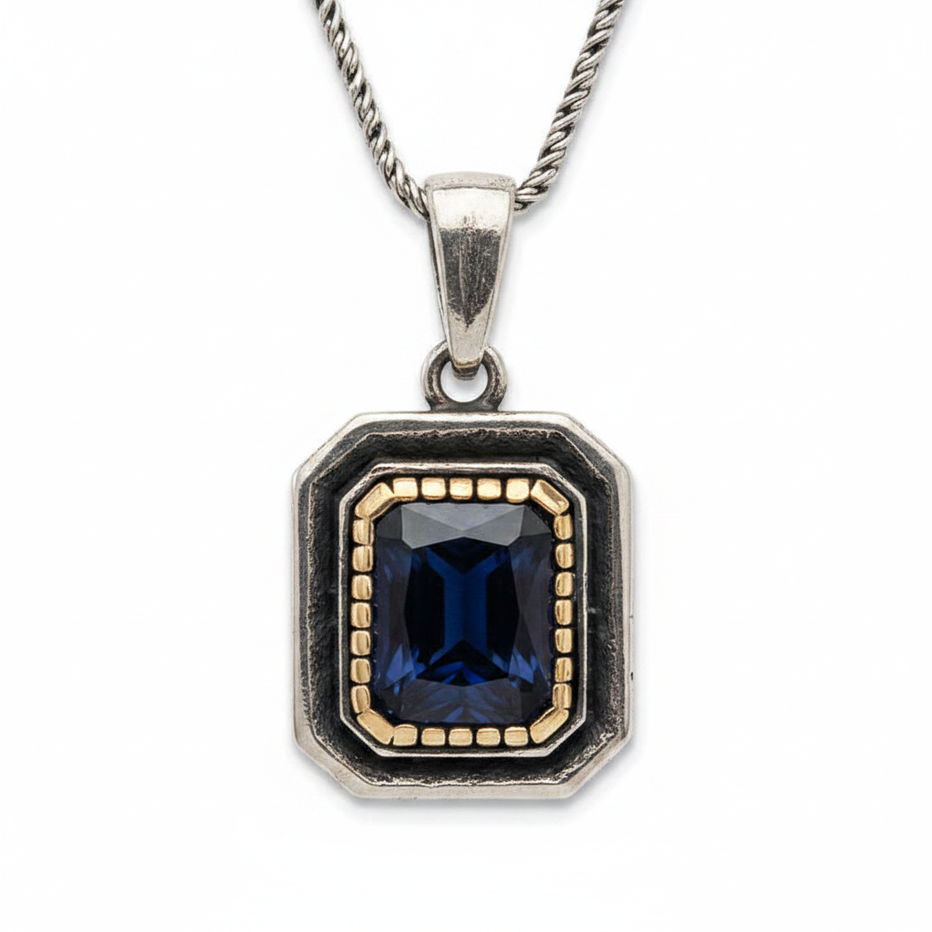 Silver Navy Blue Stone Rectangle Women's Necklace - Macro