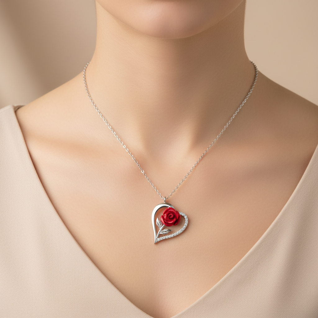 Silver Heart Red Rose Women's Necklace - Model