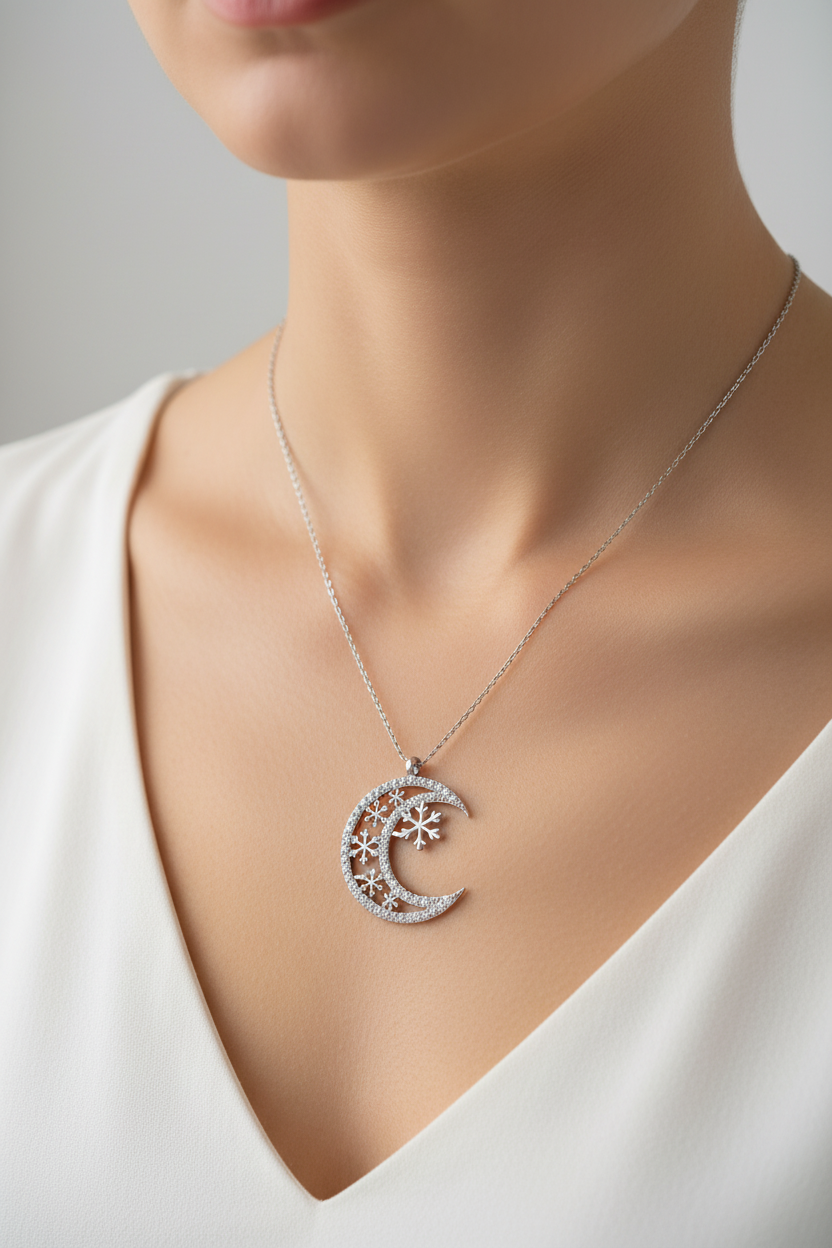 Silver Moon Snowflake Women's Necklace on model