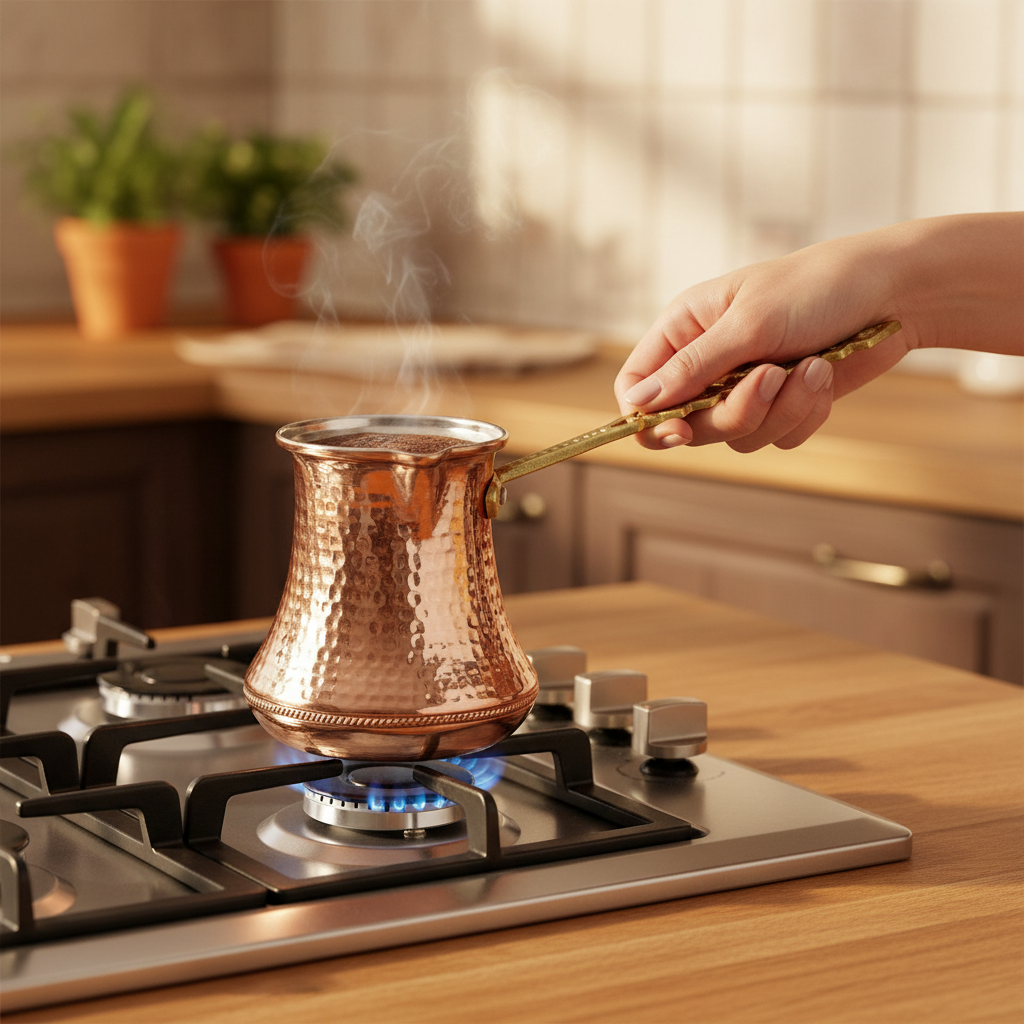 Person holding hammered copper Kervan large cezve on stovetop