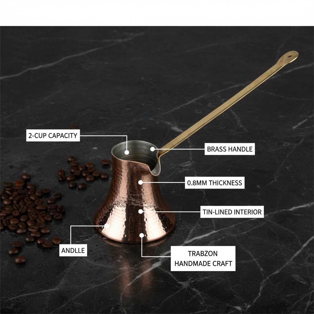 Trabzon copper cezve 2-cup flat lay dimensions