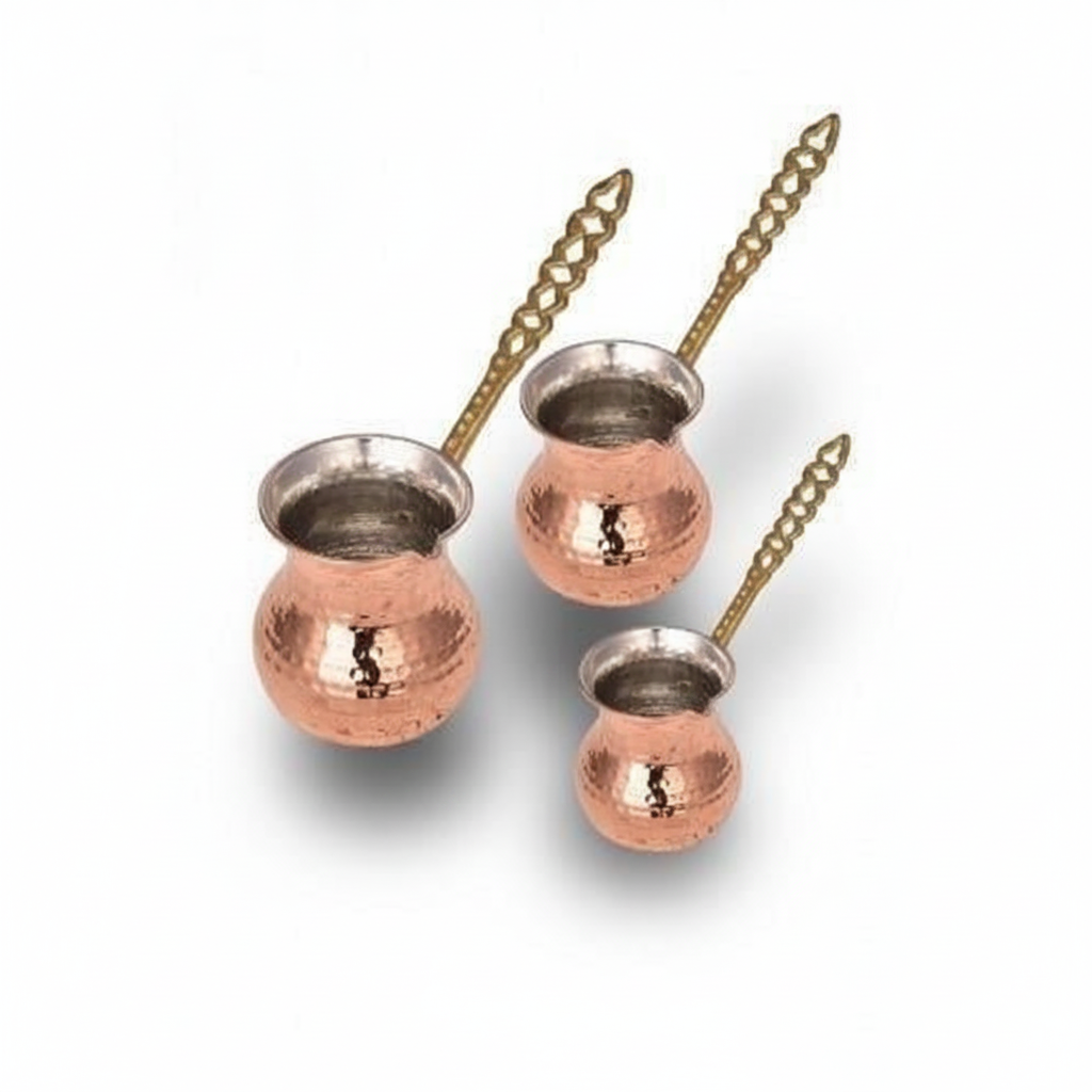 Hammered copper round cezve set white background