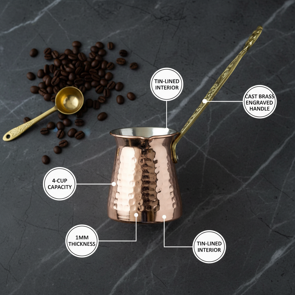 Antep hammered copper cezve 4-cup flat lay dimensions