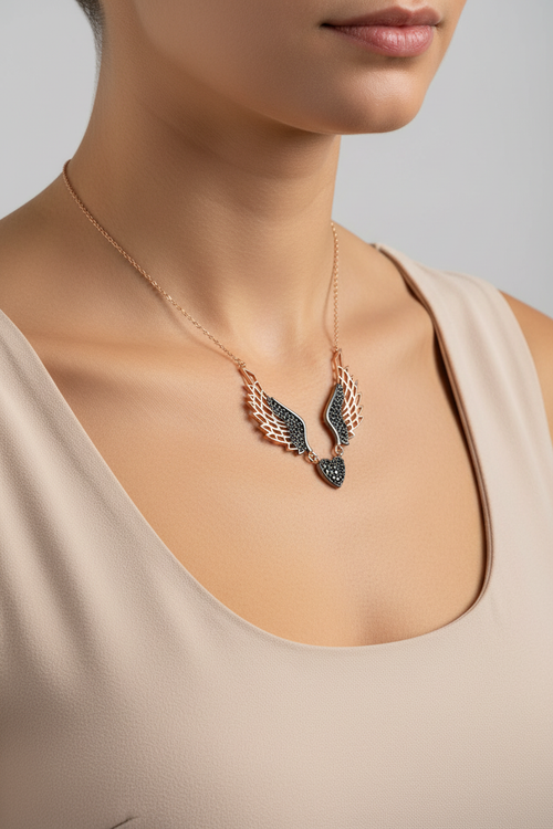 Silver Black Winged Angel Heart Necklace - Model