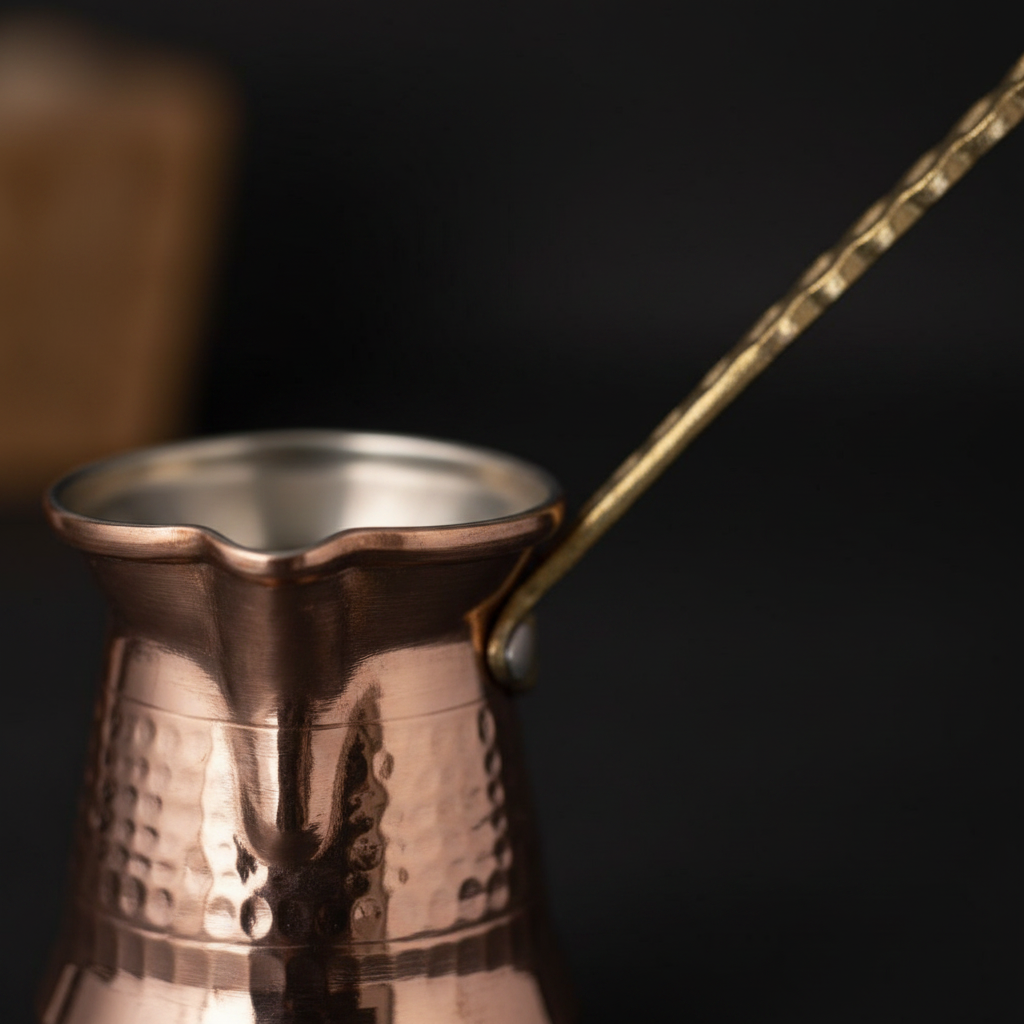 Sultan Thin 250ml brass handle copper cezve macro texture