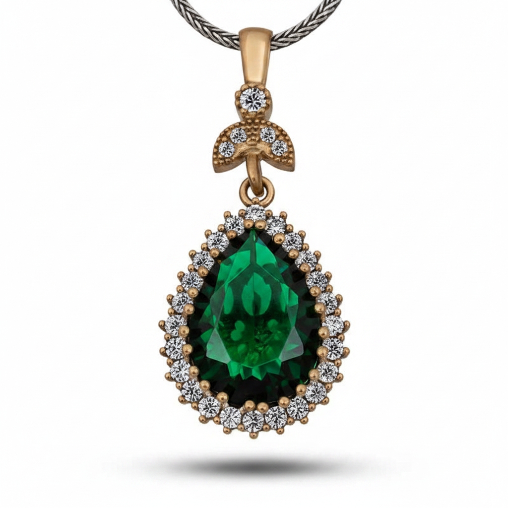 Silver Emerald Stone Hurrem Women's Necklace - Macro