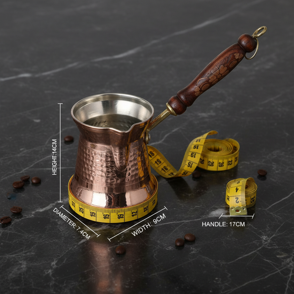 Sultan Thin 200ml copper cezve dimensions flat lay