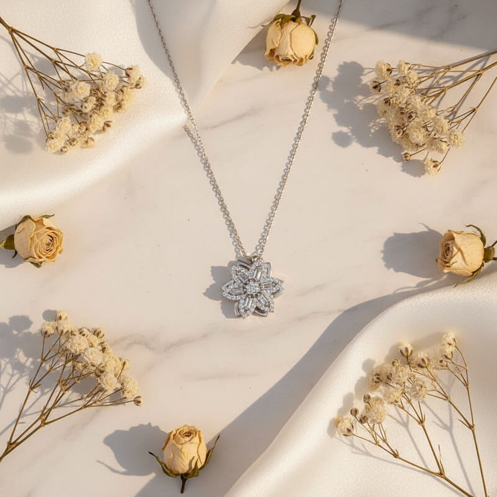 Silver Star Baguette Stone Spinning Women's Necklace - Lifestyle