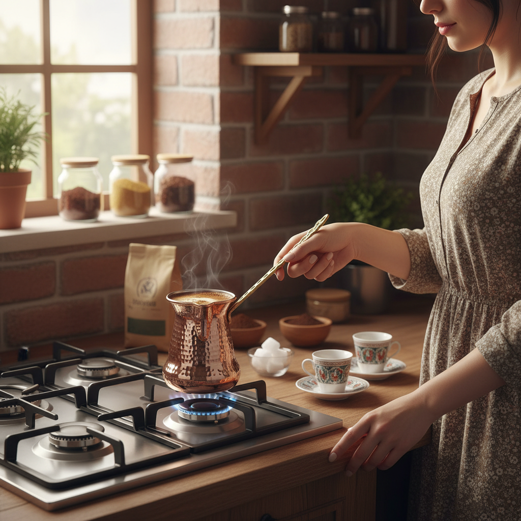 Woman holding Sultan Thin 350ml brass handle copper cezve