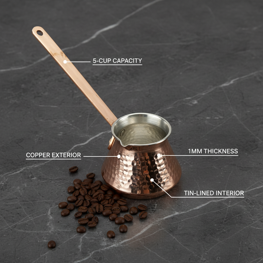 Antep copper topak cezve 5-cup flat lay