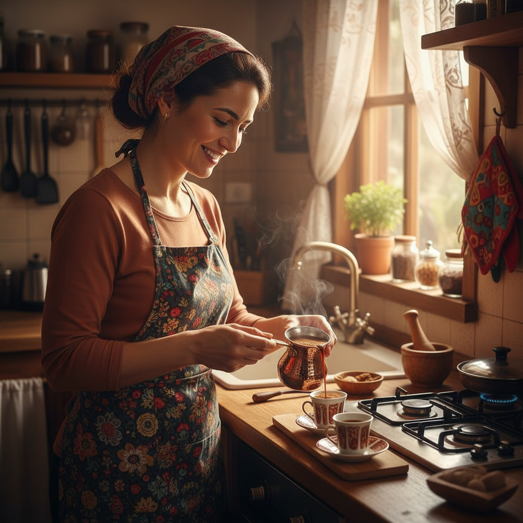 Woman using Eylül 150ml copper cezve in kitchen