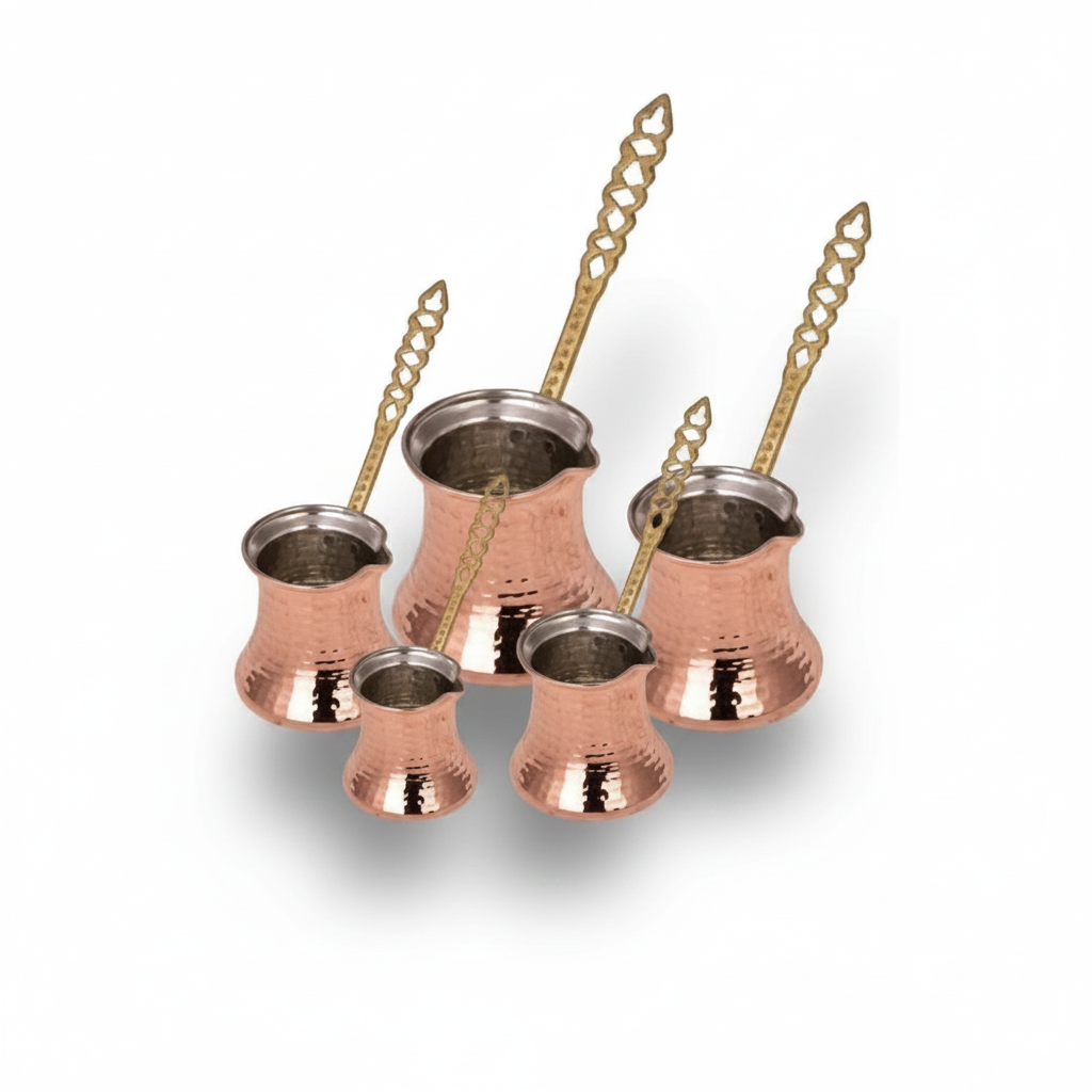 Hammered copper Kervan cezve set white background