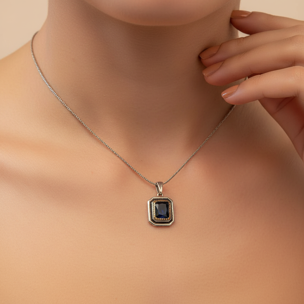 Silver Navy Blue Stone Rectangle Women's Necklace - Model