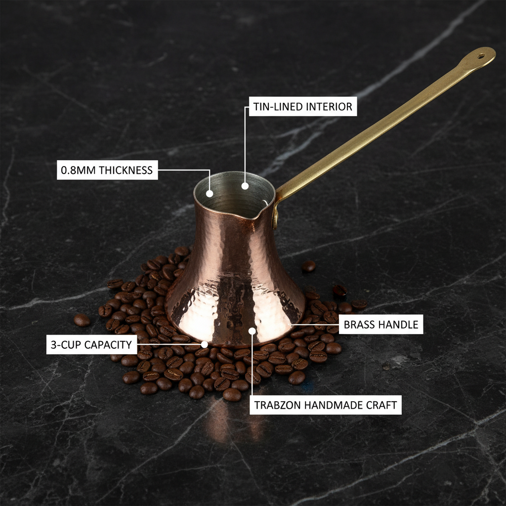 Trabzon copper cezve 3-cup flat lay dimensions