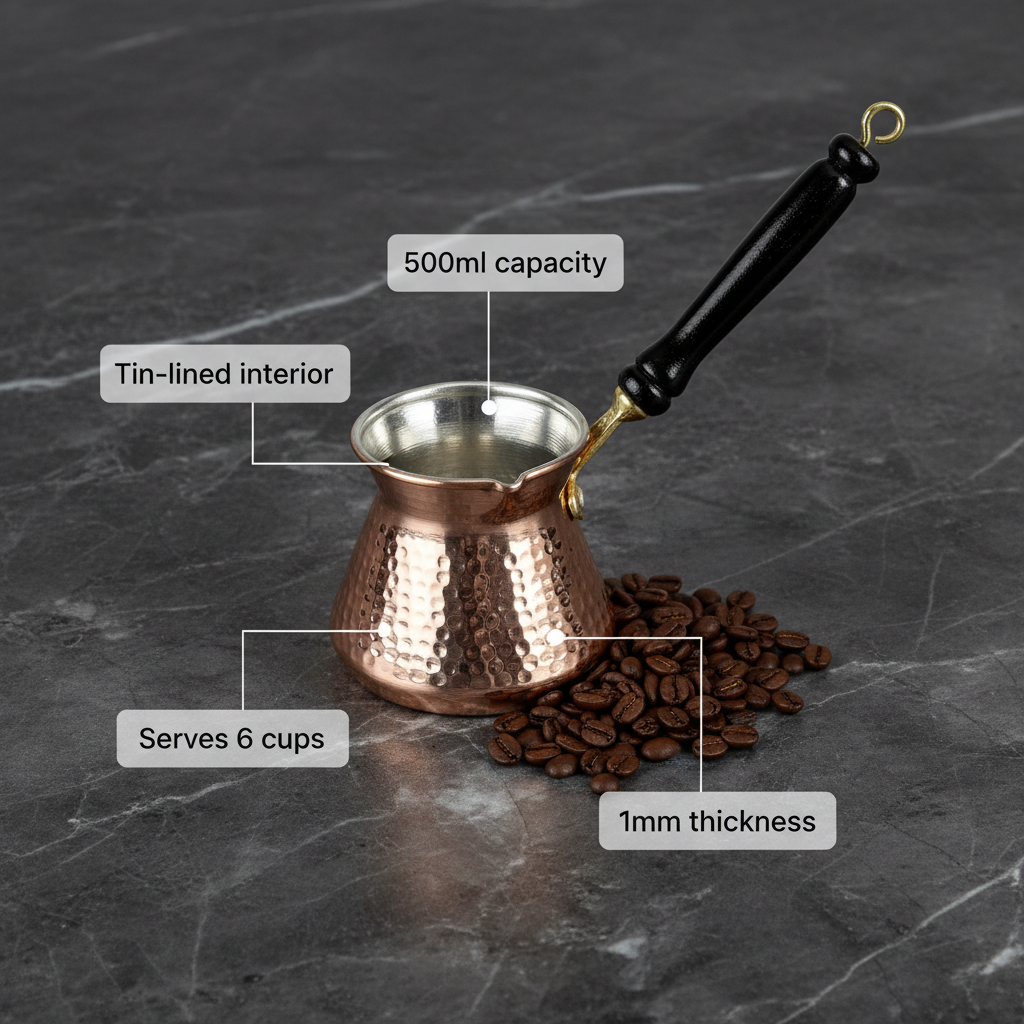 Antep topak 500ml copper cezve dimensions flat lay