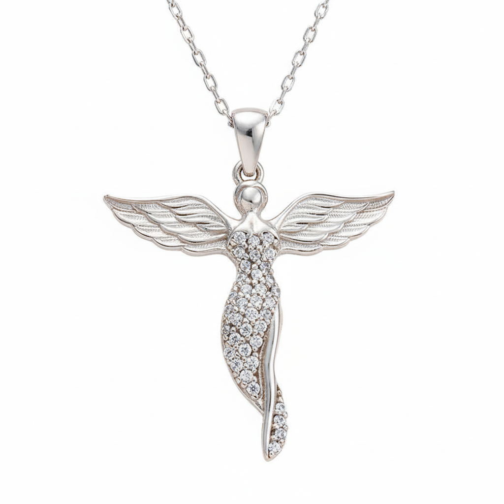 Silver Winged Angel Necklace - White Background