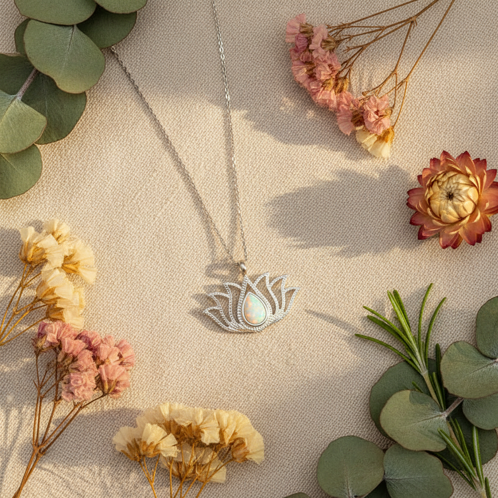 Silver White Opal Stone Lotus Women's Necklace - Lifestyle