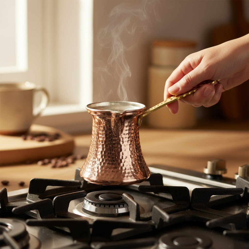 Person holding hammered copper cezve brass handle on stovetop