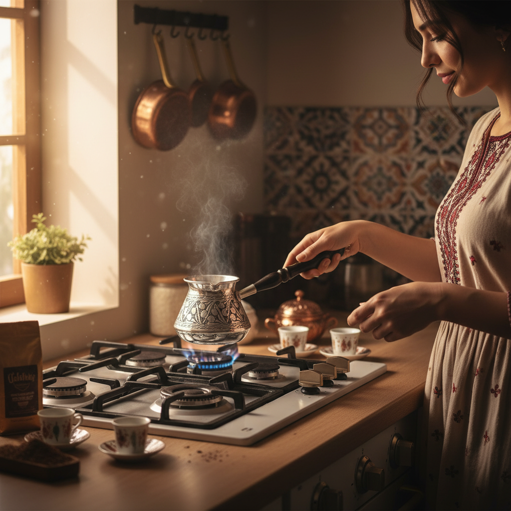 Woman holding Antep eskitme topak cezve 4-cup