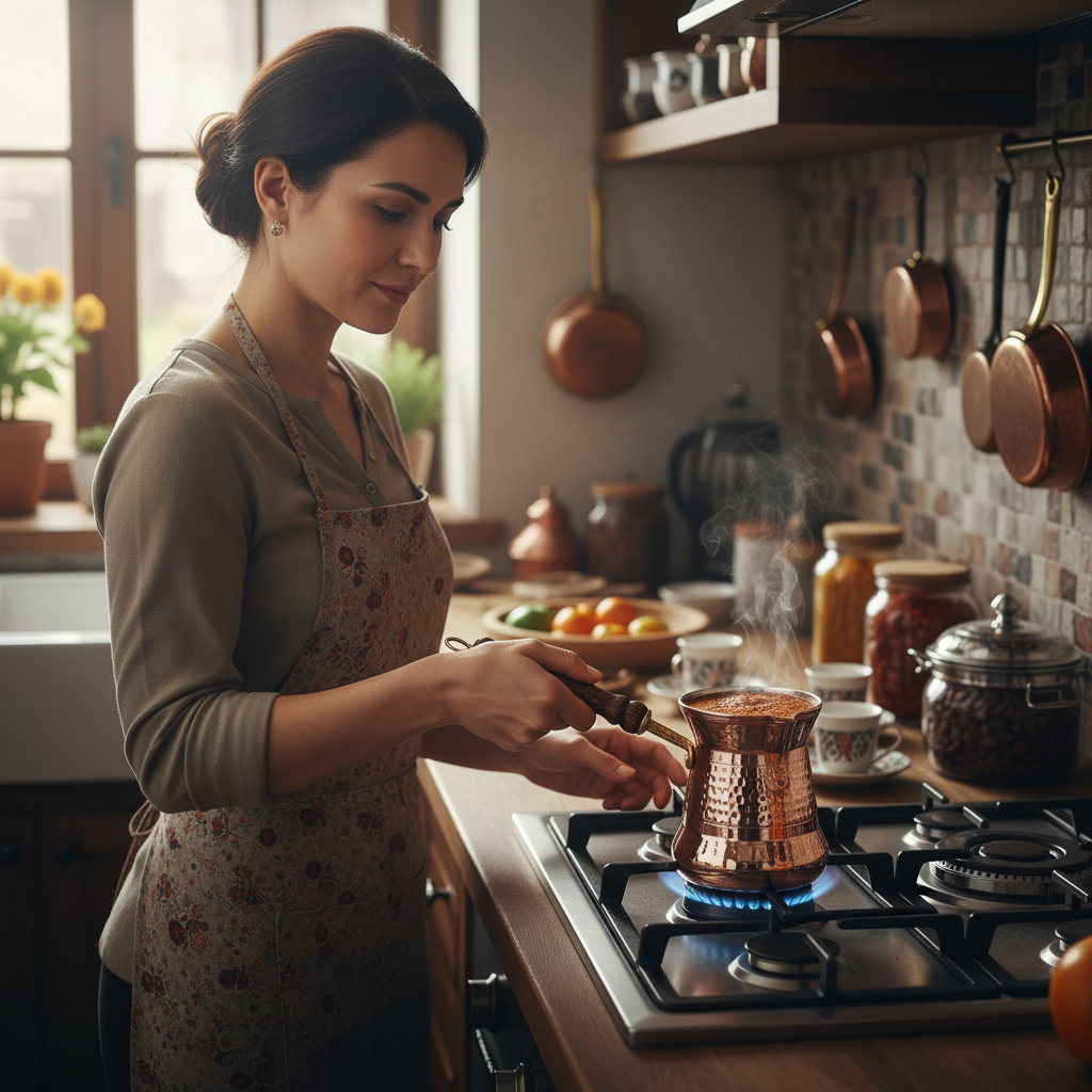 Woman holding Sultan Thin 550ml copper cezve