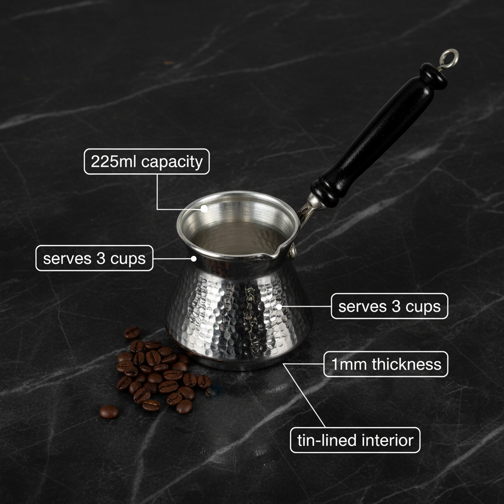 Antep nickel topak 225ml cezve dimensions flat lay