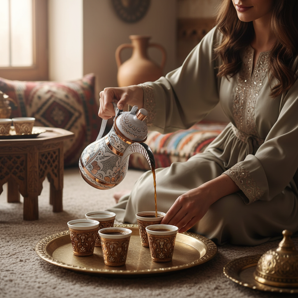 Woman pouring mirra coffee from Gulcicek dallah 900ml