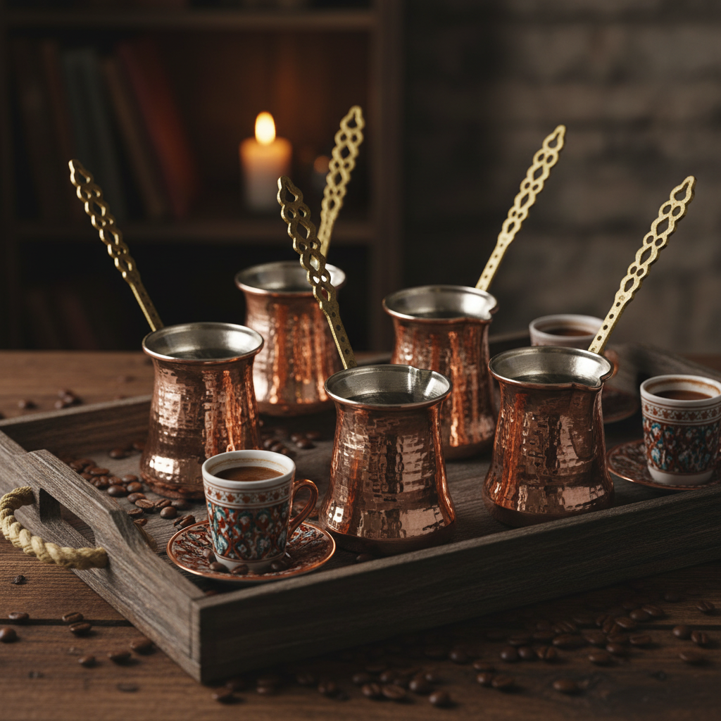 Hammered copper Sultan brass handle cezve set 5-piece lifestyle main photo