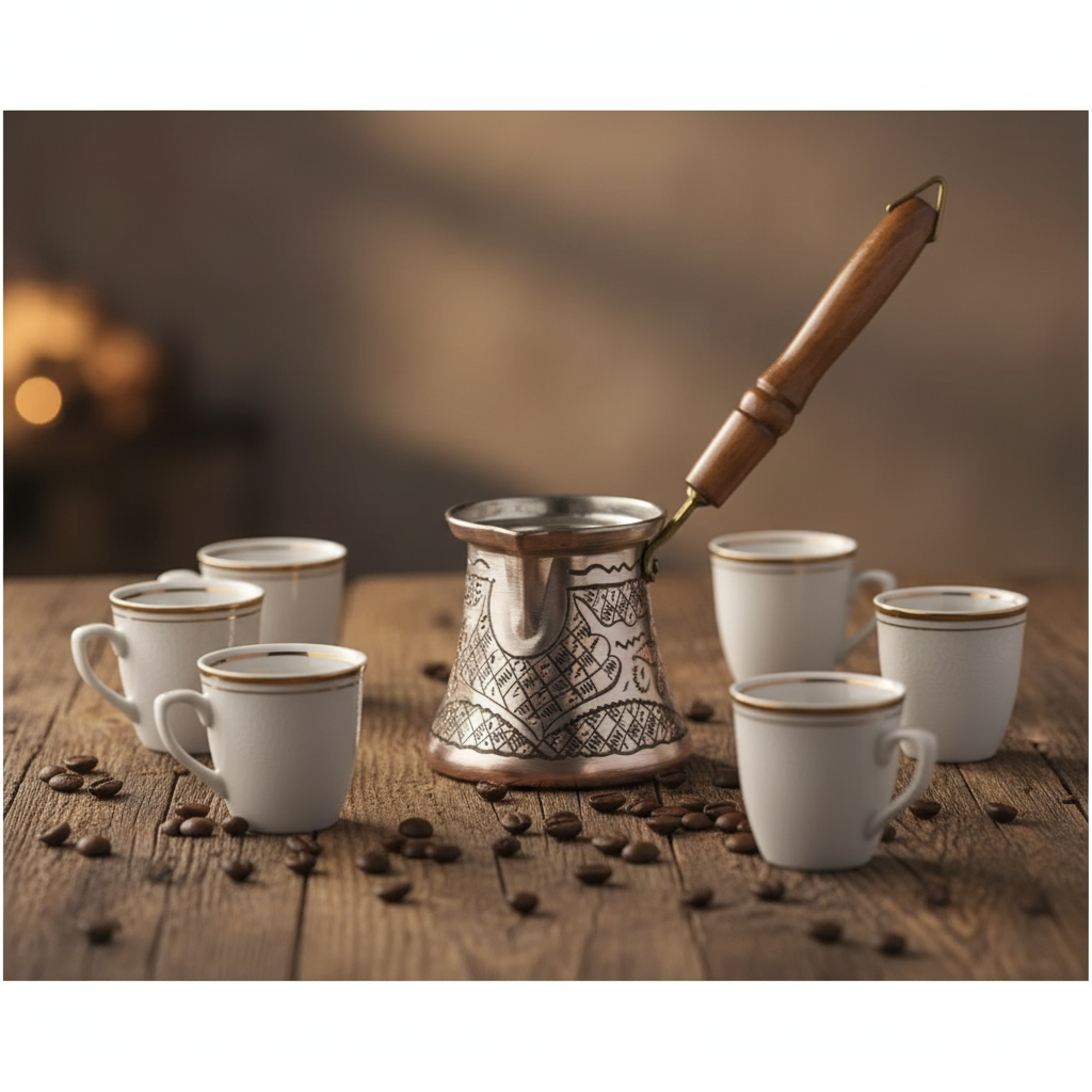 Erzincan silver engraved copper cezve lifestyle with cups