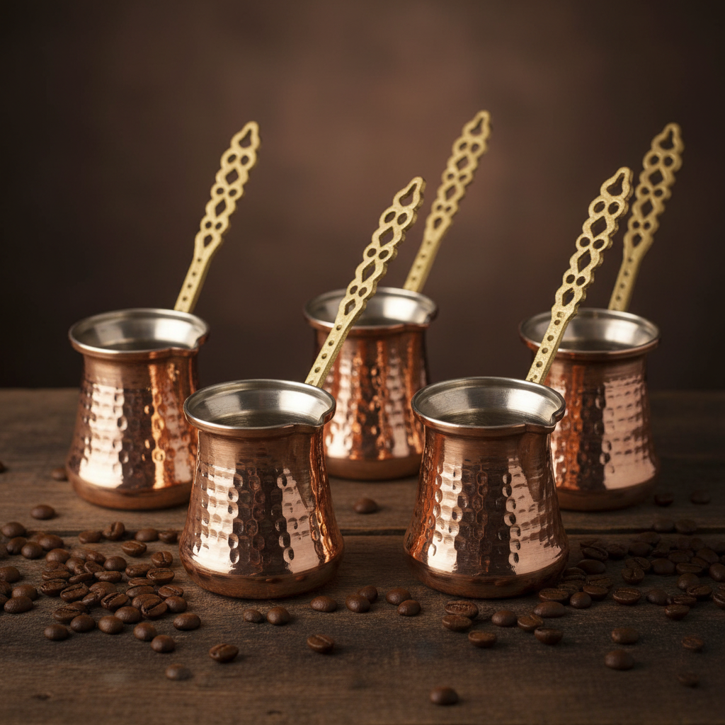 Hammered copper Sultan Turna cezve set 5-piece lifestyle main photo