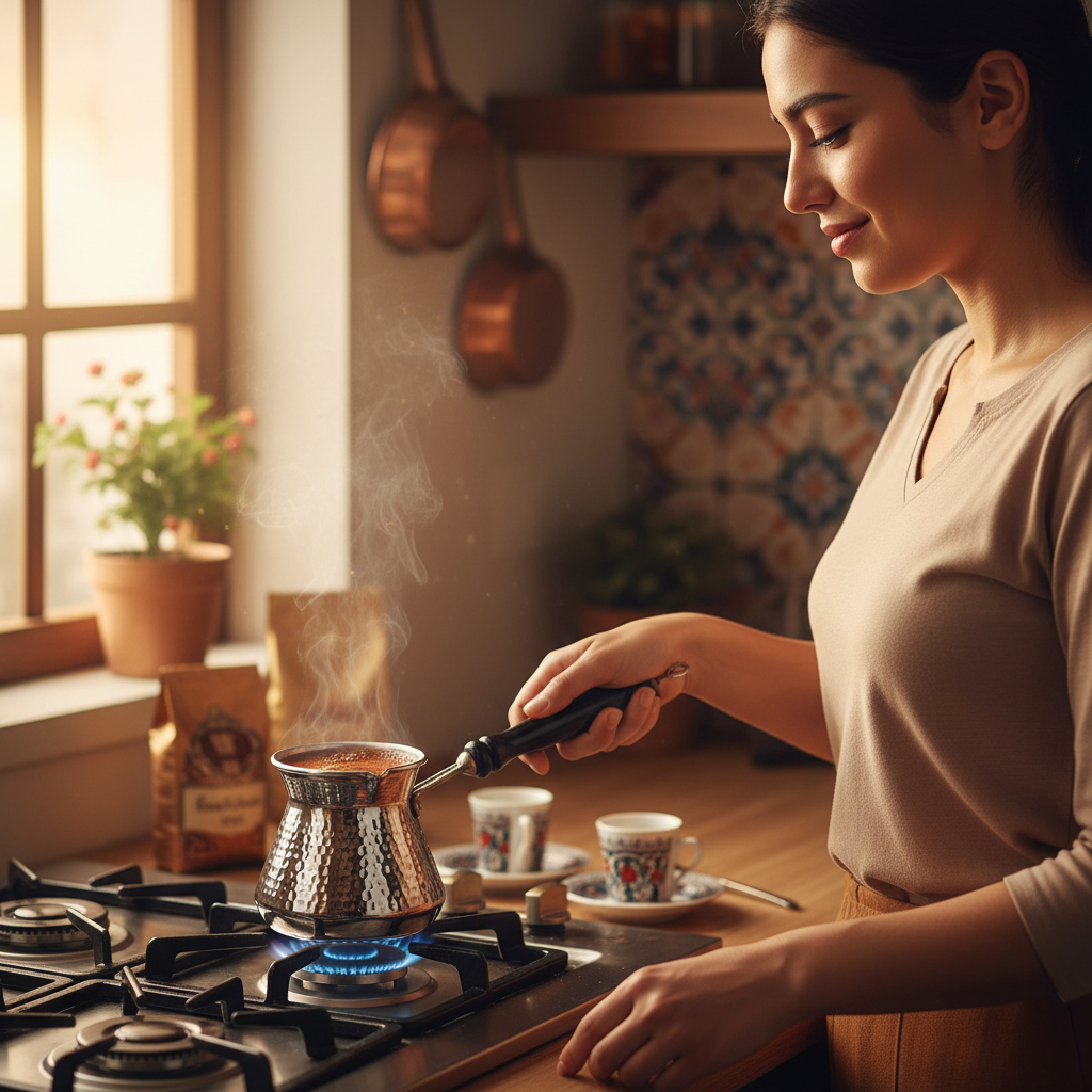 Woman holding Antep nickel topak 300ml cezve
