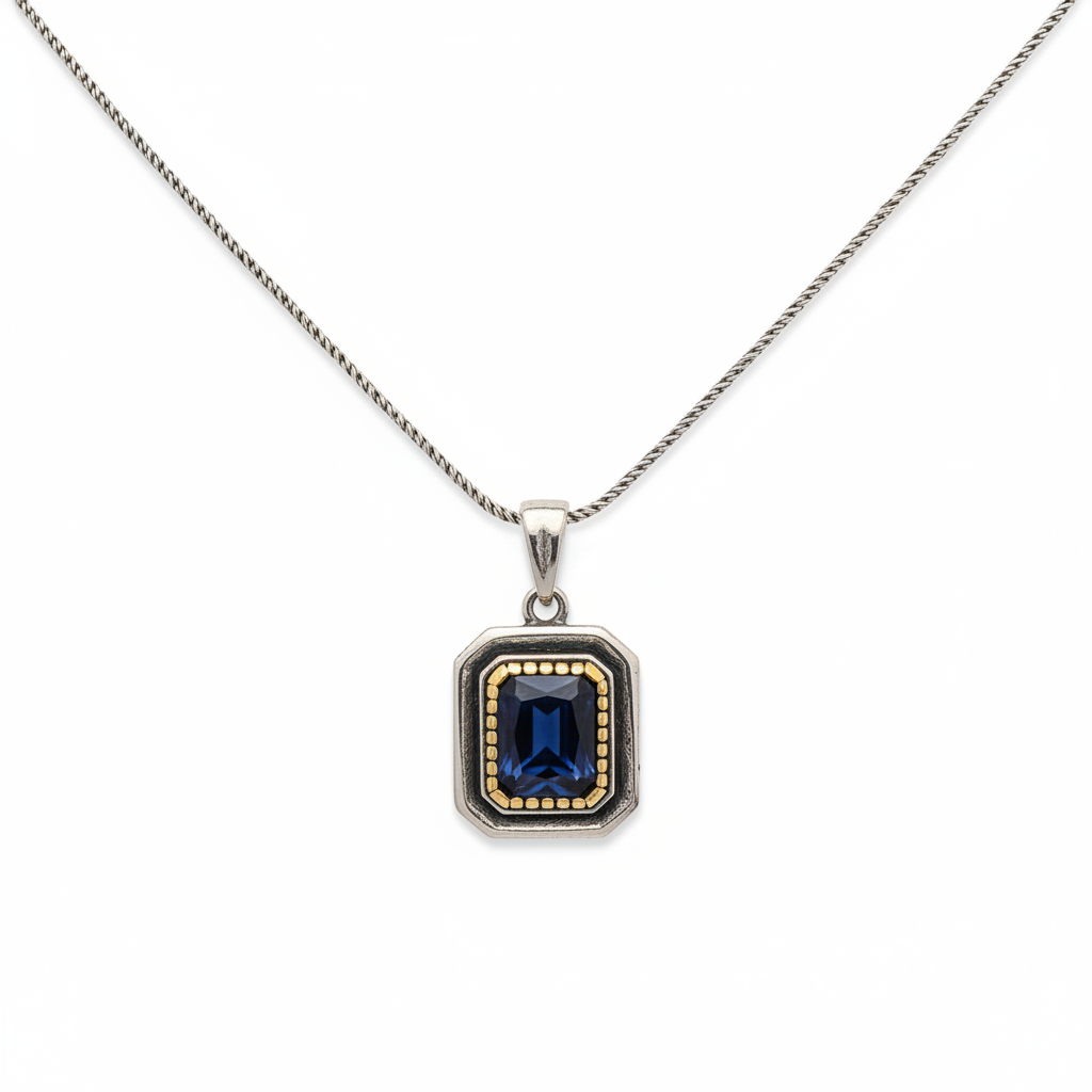 Silver Navy Blue Stone Rectangle Women's Necklace - White Background