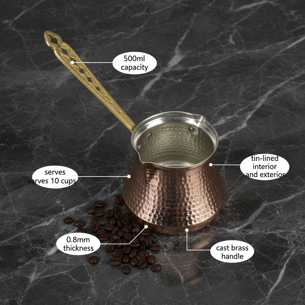 Hammered copper milk pot flat lay dimensions