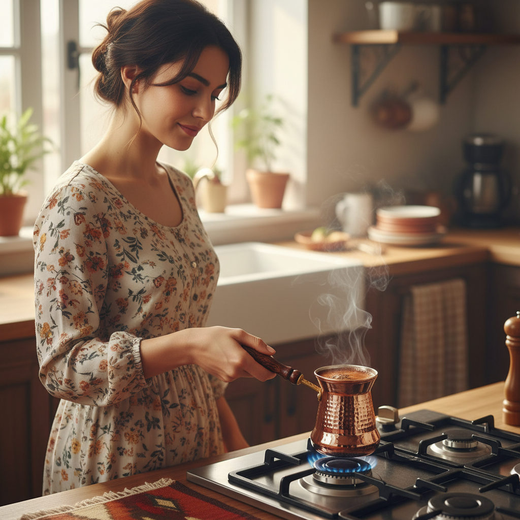 Woman holding Sultan Thin 250ml copper cezve