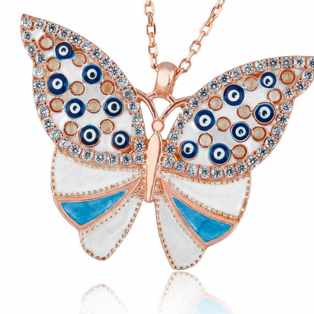 Silver Evil Eye Butterfly Women's Necklace - Macro
