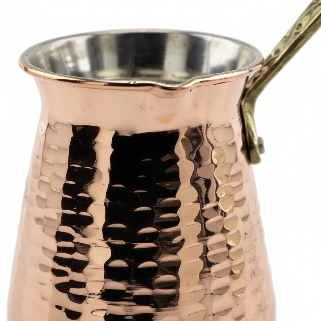 Antep hammered copper cezve 4-cup macro texture detail