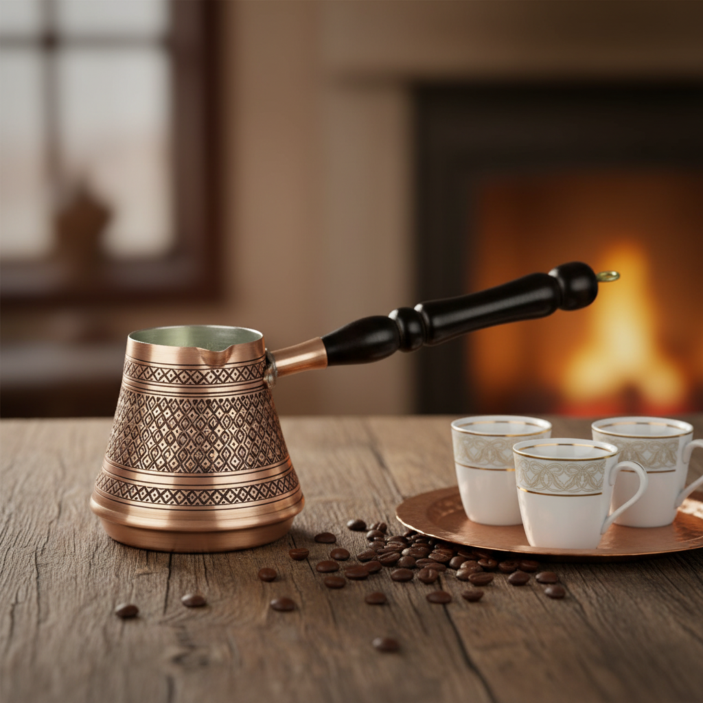 Antep keski copper cezve 3-cup lifestyle with 3 cups