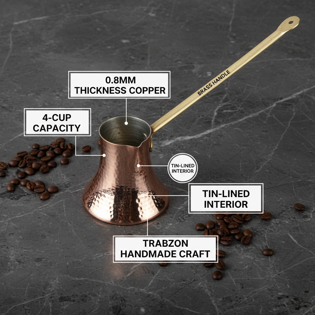 Trabzon copper cezve 4-cup flat lay dimensions